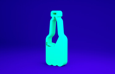 Green Plastic beer bottle icon isolated on blue background. Minimalism concept. 3d illustration 3D render.