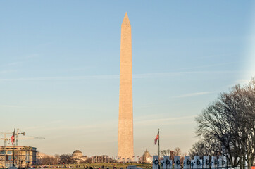 The Washington Monument at Sunset. An Obelisk within the National Mall in Washington DC, USA