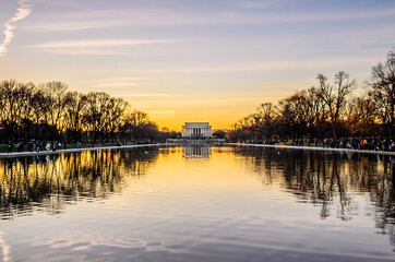 Lincoln Memorial and Reflecting Pool at Sunset in Washington DC, Beautiful Sky Colors. Bare Trees...