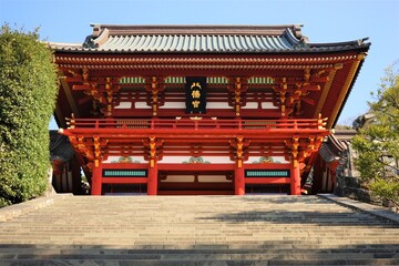 Red architecture, Main Hall (Jogu) at Tsurugaoka Hachimangu Shrine in Kamakura, Kanagawa...