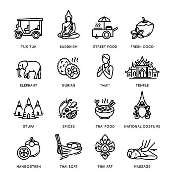 Thailand icon set - collection of vector thin line style icons, Thai national symbols