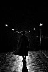 dark silhouette of a man in a coat and hat in the rain on a night street
