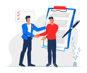 Successful partnership and business people cooperation agreement concept. Business contract signing and recruitment with handshake of two businessman, flat vector isolated on white background.