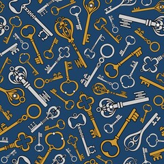 Obraz premium SEAMLESS PATTERN WITH VINTAGE KEYS ON A BLUE BACKGROUND IN VECTOR