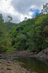 The Black River coming around a slight bend in the watercourse between the heavily wooded river banks at the Black Gorges National Park.