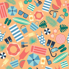 Seamless vector pattern designed with elements of the beach or pool in summer, such as swimsuits, sunglasses, towel, umbrellas, ball, among other objects on an orange background