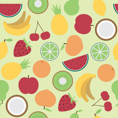 Seamless vector pattern designed with all kinds of fruits with bright and colorful colors.