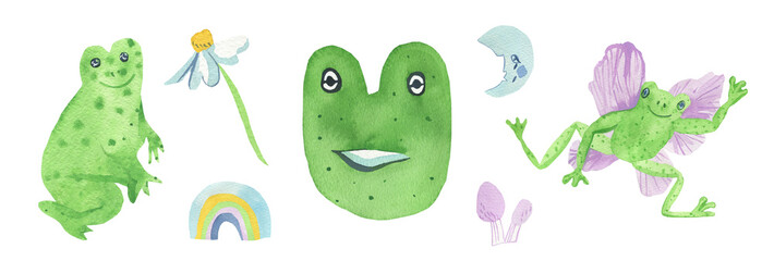 Watercolor aesthetic set of green frogs with violet.Сottagecore collection of cute animals with daisy,rainbow,grebes,moon hand painted on white isolated background.Design for stickers and cards.