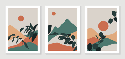Mountain and Botanical wall art vector set. Earth tones landscapes wallpaper. Oasis Tropical backgrounds collection with mountain, sand, palm,Twigs leaf, moon or sun. Vector illustration.