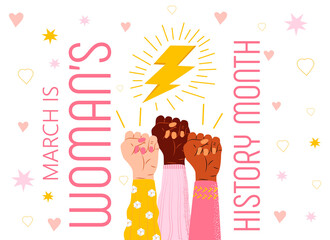 Woman history month concept vector on flat style. Event is celebrated in March in USA, United Kingdom, Australia. Girl power and feminism illustration for web, poster, banner.