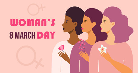 Woman's day concept vector on flat style. Event is celebrated in 8th March Girl power and feminism illustration for web. Diverse races society. Women's friendship