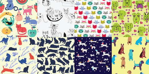 Seamless patterns with Different doodle cats and dogs