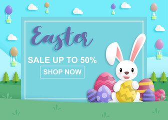 Happy easter day on sale in paper art style with rabbit and easter eggs. greeting card, posters and wallpaper. Vector illustration.