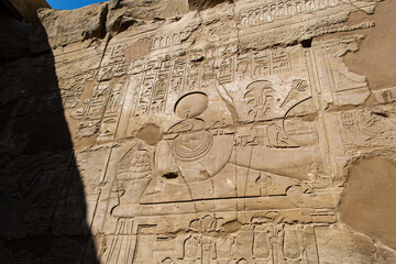 KARNAK TEMPLE - Massive columns inside beautiful Egyptian landmark with hieroglyphics, and ancient...