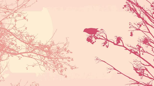 Silhouettes of tree branches and a small bird. Animated drawing, decorative video background. 