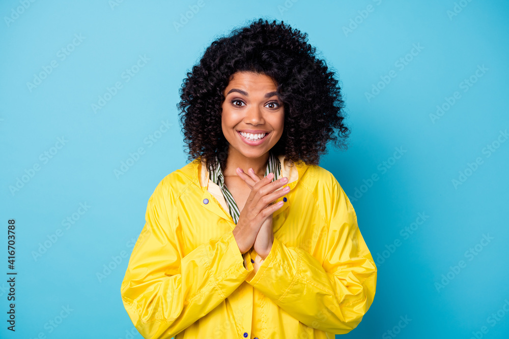 Poster Photo of pretty cheerful dark skin person arms palms applaud toothy smile isolated on blue color background