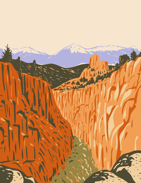 WPA poster art of the Browns Canyon National Monument encompassing canyons and forests in Arkansas River Valley and the Sawatch Range in Chaffee County Colorado in works project administration style.