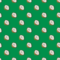 coconut Seamless pattern. Tropical abstract background with isolated Coconut on green background. flat lay.