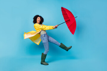 Full size profile side photo of young afro woman happy amazed windy catch parasol isolated over blue color background © deagreez