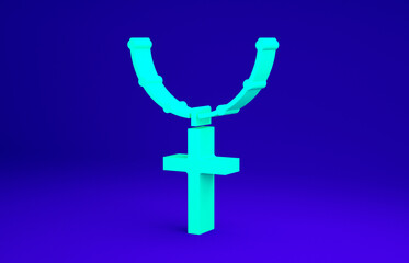 Green Christian cross on chain icon isolated on blue background. Church cross. Minimalism concept. 3d illustration 3D render.