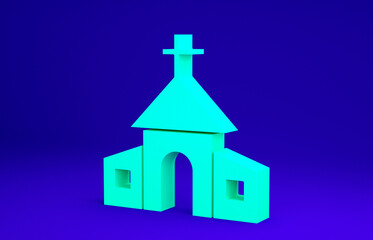 Green Church building icon isolated on blue background. Christian Church. Religion of church. Minimalism concept. 3d illustration 3D render.