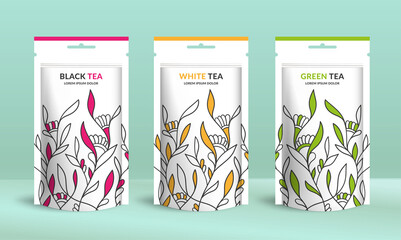 Tea packaging design with zip pouch bag mockup. Vintage vector ornament template. Elegant, classic elements. Great for food, drink and other package types. Can be used for background and wallpaper.