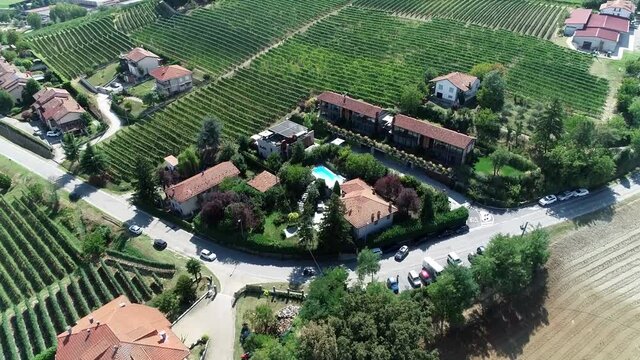 Aerial view of bed and breakfast located near Barolo known for its wine produced in the northern Italian region of Piedmont which is made from nebbiolo grape and is described as Italys greatest wines
