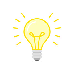 Light Bulb. Flat illustration of a glowing light bulb. Icon isolated on a white background. Vector 10 EPS.
