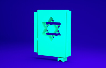 Green Jewish torah book icon isolated on blue background. Pentateuch of Moses. On the cover of the Bible is the image of the Star of David. Minimalism concept. 3d illustration 3D render.
