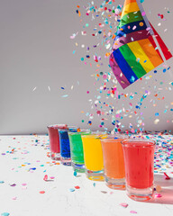 confetti falls on the gay pride flag. on the table are shot glasses with lgbt colors. party concept