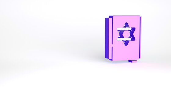 Purple Jewish torah book icon isolated on white background. Pentateuch of Moses. On the cover of the Bible is the image of the Star of David. Minimalism concept. 3d illustration 3D render.