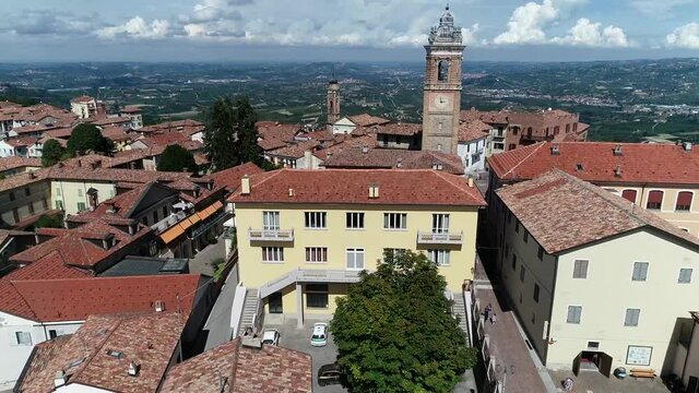 Aerial flight over La Morra is a comune in province of Cuneo in the Italian region Piedmont it has long a major in the wine growing area and a typical place to visit by tourist 4k high resolution