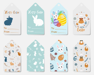 Easter gift tags with cute Easter bunnies. Set of bright holiday labels.