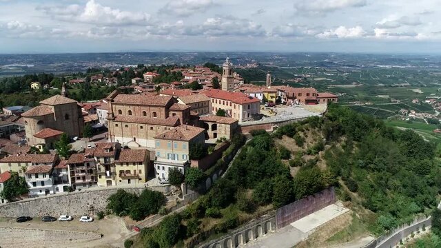 Aerial view of La Morra is a comune in province of Cuneo in the Italian region Piedmont it has long a major in the wine growing area and a typical place to visit by tourist 4k high resolution