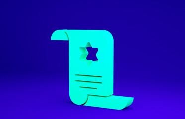 Green Torah scroll icon isolated on blue background. Jewish Torah in expanded form. Star of David symbol. Old parchment scroll. Minimalism concept. 3d illustration 3D render.