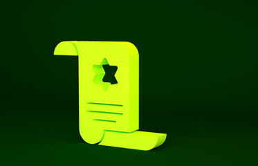 Yellow Torah scroll icon isolated on green background. Jewish Torah in expanded form. Star of David symbol. Old parchment scroll. Minimalism concept. 3d illustration 3D render.