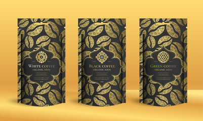 Coffee packaging design with zip pouch bag mockup. Vintage vector ornament template. Elegant, classic elements. Great for food, drink and other package types. Can be used for background and wallpaper.