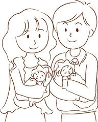 vector Husband and wife carry new born twins baby