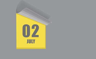 july 02. 02-th day of the month, calendar date. Gray numbers in a yellow window, on a solid isolated background. Spring month, day of the year concept