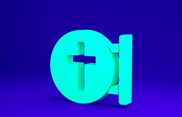 Green Christian cross icon isolated on blue background. Church cross. Minimalism concept. 3d illustration 3D render.