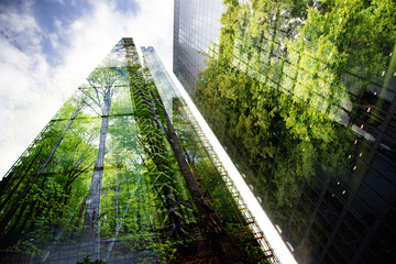 Fototapeta na wymiar green city - double exposure of lush green forest and modern skyscrapers windows