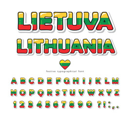 Lithuania cartoon font. Lithuanian national flag colors. Paper cutout glossy ABC letters and numbers. Bright alphabet for tourism design. Vector