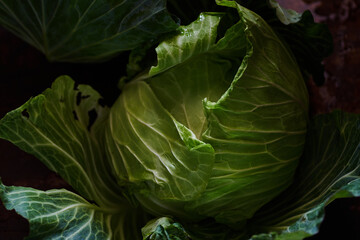 Close-up view of the fresh green cabbage