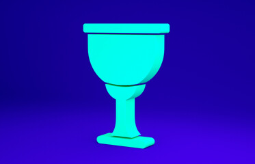 Green Holy grail or chalice icon isolated on blue background. Christian chalice. Christianity icon. Minimalism concept. 3d illustration 3D render.