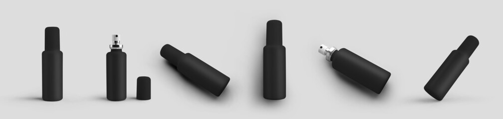 A set of mockups of black plastic bottles with an atomizer, a jar of aerosol for liquid, perfume, isolated on background.