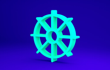 Green Dharma wheel icon isolated on blue background. Buddhism religion sign. Dharmachakra symbol. Minimalism concept. 3d illustration 3D render.