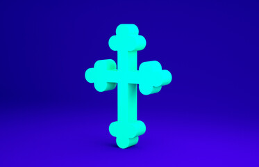 Green Christian cross icon isolated on blue background. Church cross. Minimalism concept. 3d illustration 3D render.