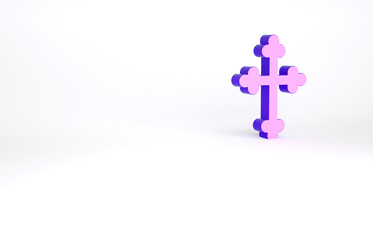 Purple Christian cross icon isolated on white background. Church cross. Minimalism concept. 3d illustration 3D render.