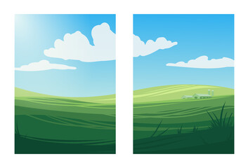 Obraz premium Two vector vertical illustrations of fields and meadows in bright sunny day with farm or barn on the background. Rural nature landscape.
