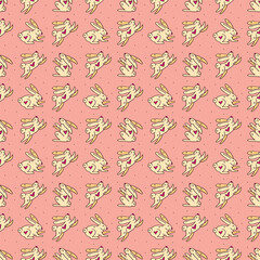 Easter rabbits cute vector doodle hand drawn seamless pattern, texture, background. Easter bunnies, holiday animals jumping. Isolated on pink background. Children packaging design. 